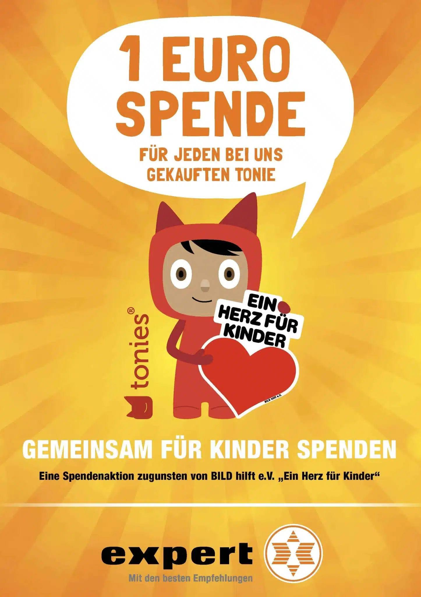tonies und expert sammeln zusammen 250.000 Euro zugunsten von BILD hilft e.V. „Ein Herz für Kinder“ Plakat