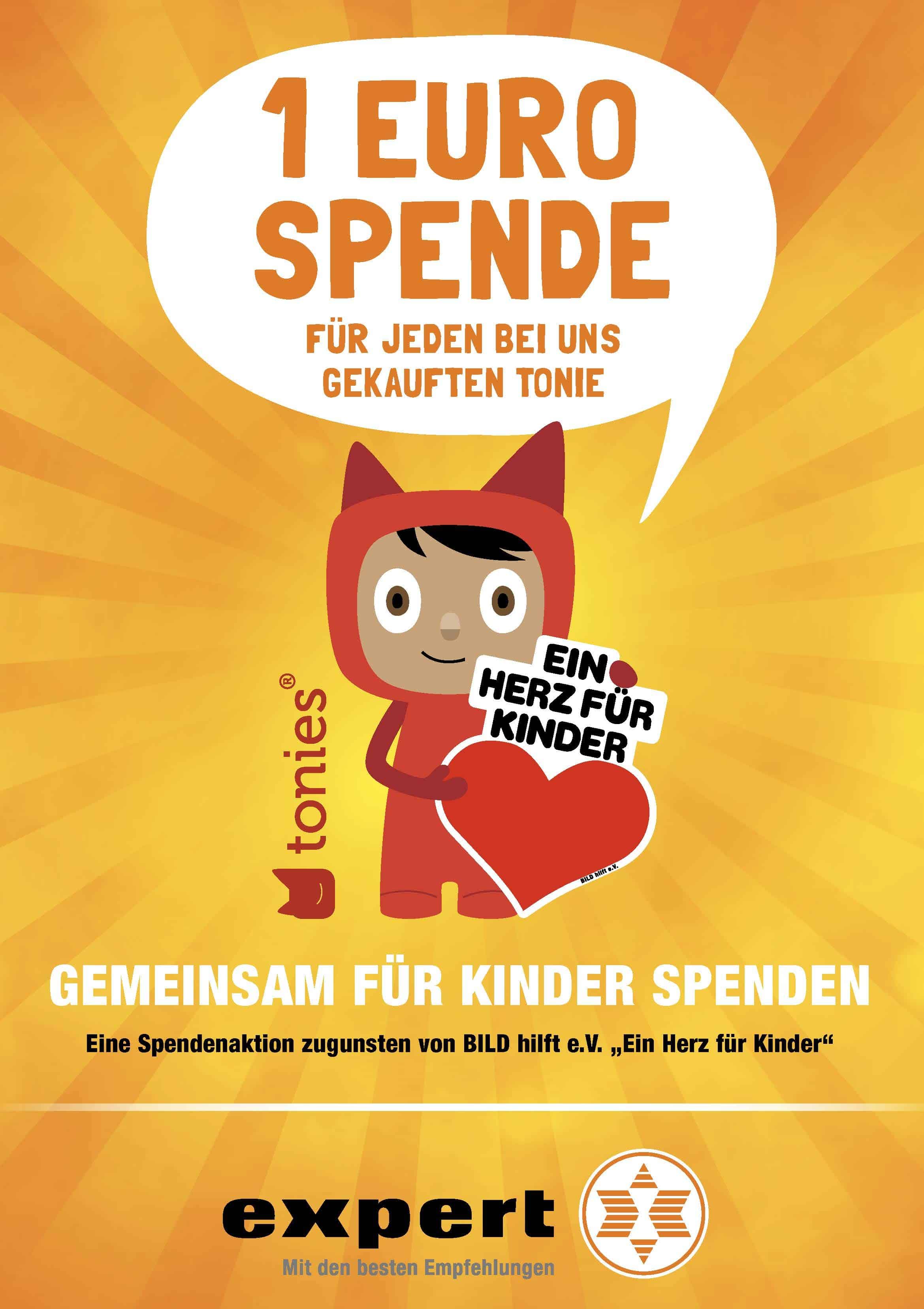 tonies und expert sammeln zusammen 250.000 Euro zugunsten von BILD hilft e.V. „Ein Herz für Kinder“ Plakat