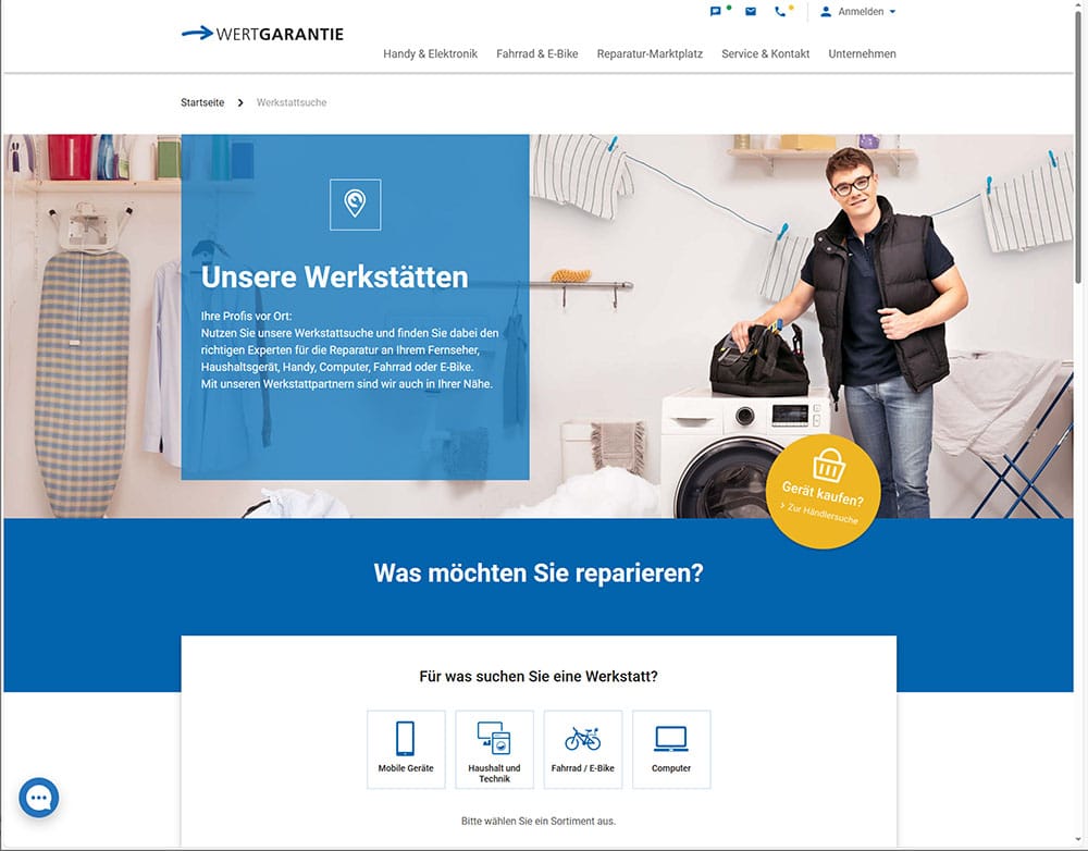 Screenshot Werkstattsuche von Wertgarantie