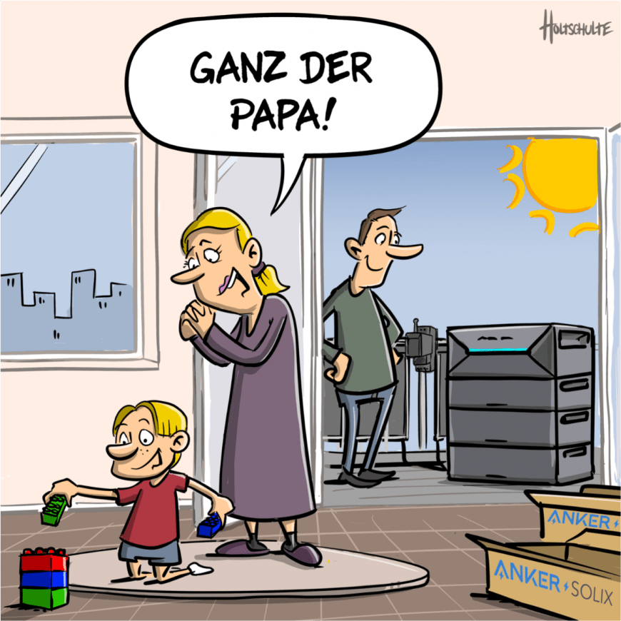 Cartoon zur Solarbank 2-Serie von Anker SOLIX von Michael Holtschulte.
