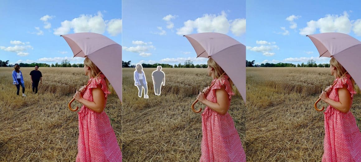 Störende Elemente einfach entfernen! Vorher: Zwei Personen im Hintergrund störend das Bild. Mitte: Die beiden Personen werden ausgewählt. Danach. Die Personen sind verschwunden.