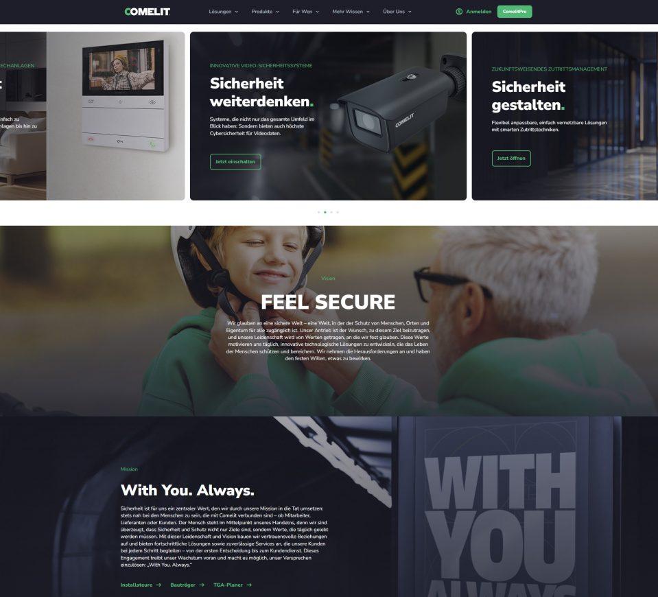 Die neue Comelit-Website bietet eine benutzerfreundliche Navigation, ein modernes Design und umfangreiche Ressourcen für Kunden, Installateure, Planer, Architekten und Bauträger. Unter dem Markenversprechen FEEL SECURE vereint sie intuitive Bedienung mit wertvollen Informationen zu Produkten, Dienstleistungen, Nachhaltigkeit und Cybersicherheit. © Comelit Group