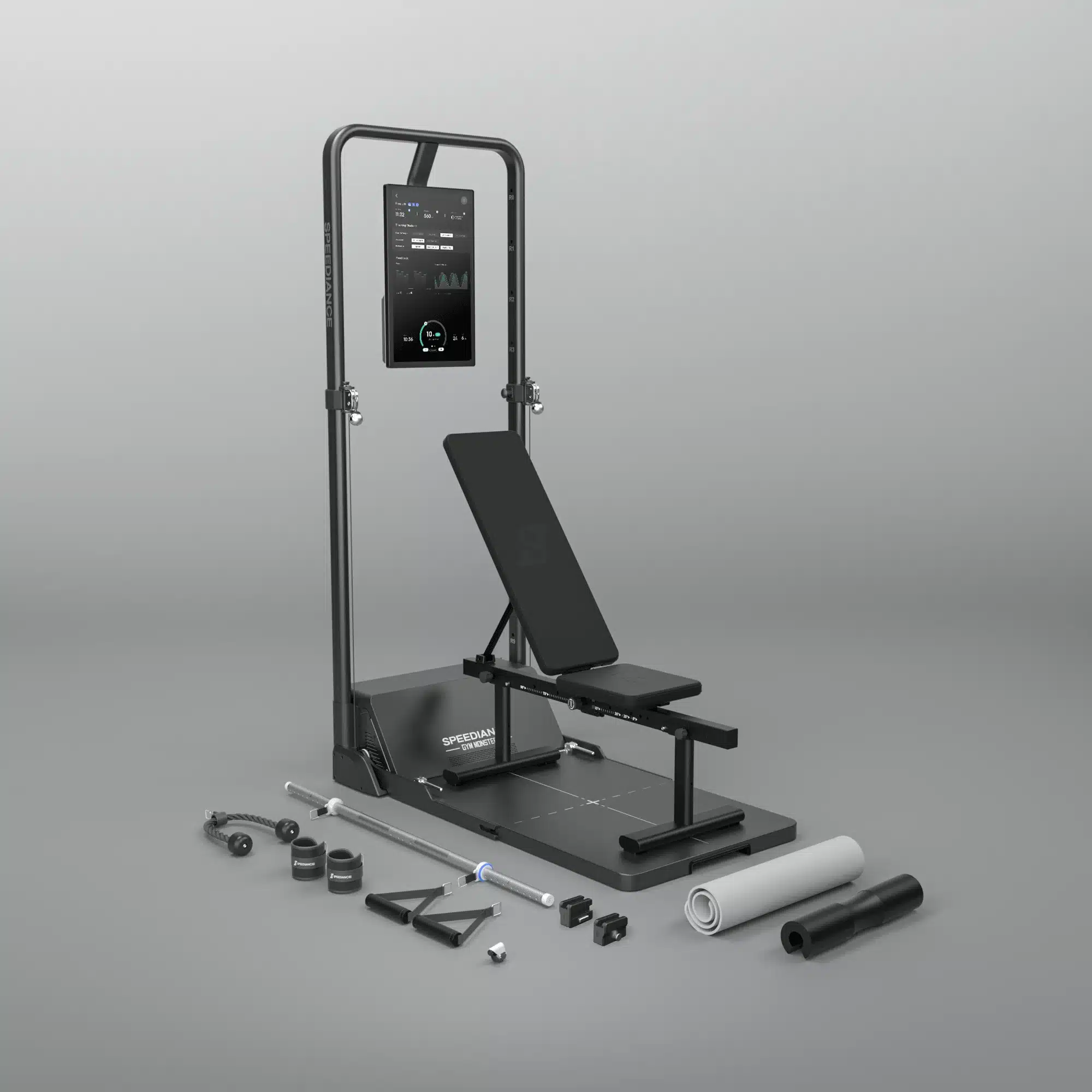 Der Speediance Gym Monster 2 kombiniert Kabelzug, Trainingsbank und Touchscreen in einem kompakten Home-Gym-System.