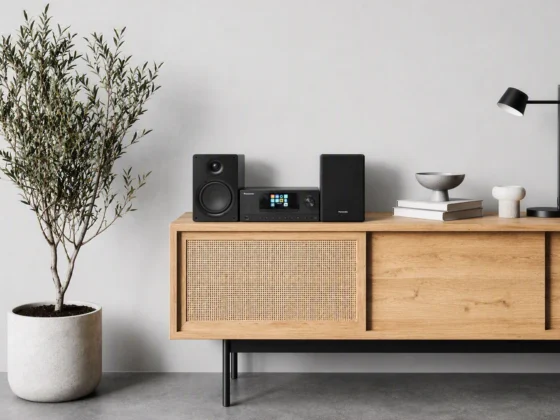 Das Panasonic SC-PMX112 mit Lautsprechern in Holzgehäusen und Farbdisplay. Bild: Panasonic