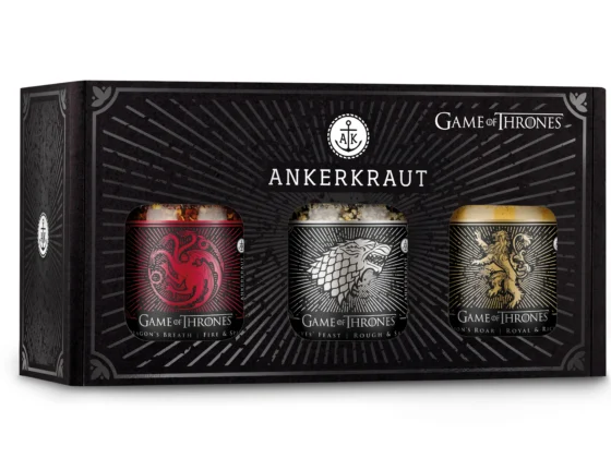 Die Ankerkraut Game of Thrones Gewürzkollektion mit den Mischungen „Dragon’s Breath“, „Lion’s Roar“ und „Wolves’ Feast“. Bild: Ankerkraut